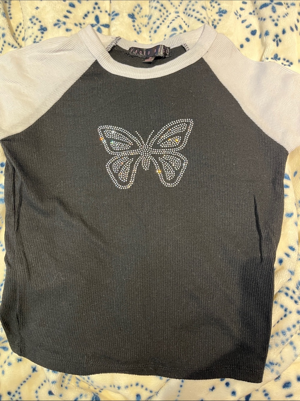 Black & White Top with Rhinestone Butterfly